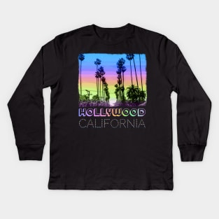 Hollywood, California Palm Trees neon sunset retro design Kids Long Sleeve T-Shirt